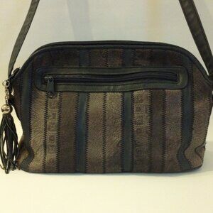 Green Stripe Purse Faux Snake Shoulder Bag Textured Gray Navy Stitching Tassel